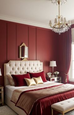 a bedroom with red walls and white bedding, chandelier above the bed