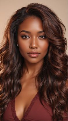 Highlight Ideas For Black Hair Dark Skin, Black Skin Hair Color Ideas, Hair Dye For Dark Skin, Dark Skin Hair Color Ideas, Hair Color For Dark Skin Tone, Fall Red Hair, Red Waves, Hair Color For Dark Skin, Light Ombre