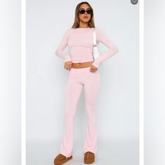 2000s Style 2 Piece Set Jumpsuit Baby Pink Stretchy Fitted Y2k Style Bottoms, Fitted Pink Y2k Pants, Pink Fitted Y2k Pants, Fitted Matching Set Bottoms For Spring, Fitted Pink Loungewear Pants, Fitted Pink Pants For Loungewear, Pink Fitted Pants For Loungewear, Fitted Long Sleeve Matching Pant Set, Fitted Pant Set For Spring