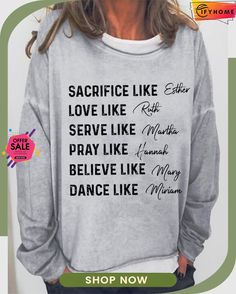 Woman Of God Loose Sweatshirt Long Sleeve T-shirt With Lettering, Soft-washed Gray Long Sleeve T-shirt, Gray Long Sleeve T-shirt With Slogan, Oversized Long Sleeve T-shirt With Lettering, Oversized Long Sleeve Tops With Slogan, Relaxed Fit Long Sleeve Tops With Lettering, Casual Name Print T-shirt For Fall, Casual Fall T-shirt With Name Print, Casual Fall Tops With Lettering