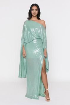 Shop for Deme by Gabriella Green Off Shoulder Draped Gown for Women Online at Aza Fashions Sequins Gown, Draped Gown, Draped Sleeves, Draped Bodice, Drape Gowns, Off Shoulder Gown, Teal Fabric, One Shoulder Gown, Drape Sleeves