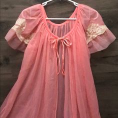 New Condition Pink Sheer Party Sleepwear, Sheer Pink Lace Top, Pink Sheer Lace Sleepwear, Feminine Pink Sheer Sleepwear, Feminine Sheer Pink Sleepwear, Pink Sheer Sleepwear For Wedding Night, Vintage Pink Sleepwear For Spring, Spring Wedding Night Pink Sleepwear, Coquette Pink Sleepwear For Summer