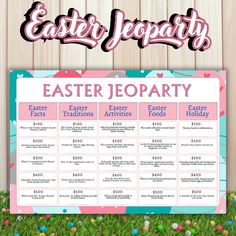 an easter party poster with eggs and candy