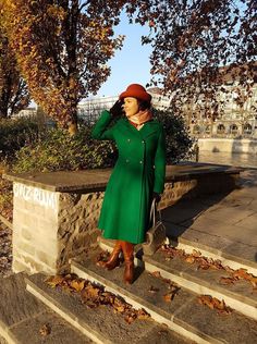 This beautiful padded woolen coat was based on a vintage pattern from 1952 and manufactured in Poland. Fabric: 80% wool, 20% polyamid. Lining - 100% viscose.  Available Sizes: 34, 36, 40 Model's measurements (for size 36) height: 165 cm , bust: 90 cm, waist: 66 cm, hips: 94 cm Coat measurements: size 34 lenght - 104 cm, sleeve 60,5 cm, width: bust 44 cm, waist 36 cm size 36 lenght - 105 cm, sleeve 61,5 cm, width: bust 46 cm, waist 40 cm size 38 lenght - 106 cm, sleeve 62 cm, width: bust 48 cm, waist 43 cm size 40 lenght - 107 cm, sleeve 62,5 cm, width: bust 52 cm, waist 46 cm Green Wool Coat For Work, Chic Green Wool Coat For Winter, Vintage Fitted Long Pea Coat, Green Wool Winter Coat, Fitted Long Wool Coat In Vintage Style, Green Single-breasted Wool Coat For Winter, Vintage Fitted Long Wool Coat, Fitted Vintage Long Wool Coat, Fitted Green Wool Coat For Winter