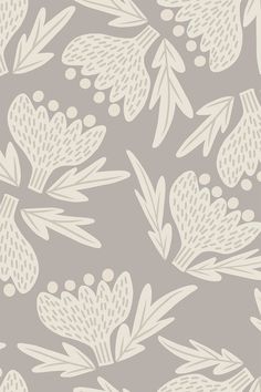 a gray and white floral wallpaper with leaves, berries and dots on it's surface