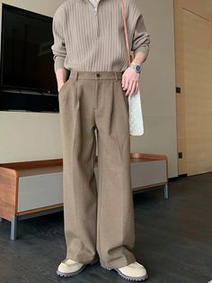 Wide-Leg Casual Pants Beige Bottoms For Business Casual In Winter, Beige Bottoms For Business Casual Winter, Full Length Wool Pants, Winter Business Brown Bottoms, Casual Beige Wool Bottoms, Tailored Solid Color Winter Bottoms, Tailored Solid Winter Bottoms, Brown Business Bottoms For Winter, Full Length Solid Wool Pants