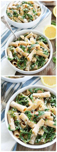 two pictures of pasta with spinach and chicken in a white bowl on a wooden table