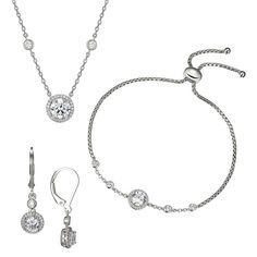 "Tie together a fabulous look when you wear this sterling silver cubic zirconia halo necklace, bracelet and earring set. Tie together a fabulous look when you wear this sterling silver cubic zirconia halo necklace, bracelet and earring set. Includes: 1 necklace, 1 bracelet, 1 pair of earrings Necklace drop length: 3/4 in. Chain length: 18 in. Chain type: cable Bracelet length: 9 in. Earring length: 1 1/16 in. Closures: leverback Metal: sterling silver Plating: rhodium Finish: polished Packaging: Classic Jewelry Sets With Brilliant Cut Cubic Zirconia, Adjustable Round Cut Jewelry With Sparkling Stones, Classic Silver Cubic Zirconia Jewelry Sets, Cubic Zirconia Round Cut Jewelry Sets, Adjustable Sterling Silver Jewelry With Brilliant Cut, Classic Sterling Silver Jewelry Sets With Diamond Accents, Adjustable Halo Setting Jewelry, Adjustable Silver Cubic Zirconia Jewelry Sets, Adjustable Silver Jewelry With Halo Setting