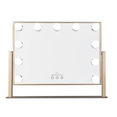 an illuminated vanity mirror with multiple lights on the front and sides, in gold metal frame