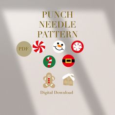 the cover of punch needle pattern is shown with buttons and candy canes on it