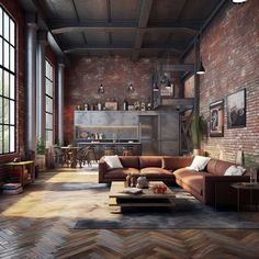 an industrial style living room with brick walls and floor to ceiling windows, leather couches, wooden coffee table