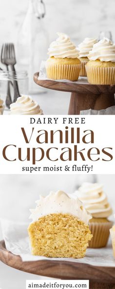 two cupcakes with white frosting on top and the words dairy free vanilla cupcakes super moist & fluffy