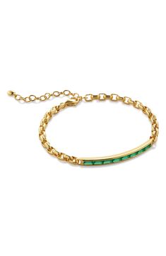 Glowing green onyx stones bring rich color to the center bar of this striking chain bracelet that is plated in recycled 18-karat gold. Exclusive US retailer 6" length; 1 1/2" extender Lobster clasp closure Sterling silver/recycled 18k-gold plate/green onyx Imported Recipient of the Butterfly Mark certification, which identifies luxury brands that adhere to social and environmental best practices This brand meets Nordstrom Responsible Brands criteria: brand adheres to responsible social and envir Mini Baguette, Green Onyx Stone, Onyx Bracelet, Monica Vinader, Onyx Stone, Green Onyx, Luxury Brands, Gold Vermeil, Chain Bracelet