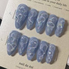 Chinese Press On Nails, Jellyfish Acrylic Nails, Chinese Blue Nails, Douyin Nails Short Almond, Blue 3d Nail Art, Gem Gel Nails, Blue Asian Nails, Blue Bubble Nails, New Jeans Inspired Nails