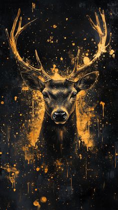 a painting of a deer's head with yellow paint splatters on it