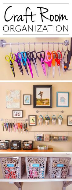 an organized craft room with scissors and other items