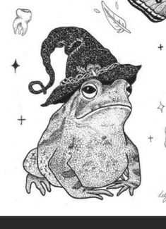 a frog wearing a witches hat on top of it's head