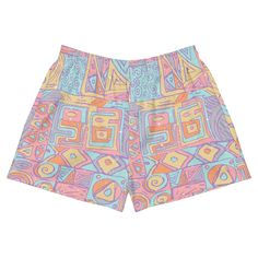 Inspired by the rad patterns on old school climbing trousers these vintage style board shorts/ active shorts are perfect for all your wild adventures- on the hills or in the sea. Clashy-match them with a retro tee, bikini top or a vintage fleece. They will take you from your hike to the beach to the pub and to the campsite in wild outdoorsy style. Nostalgia awaits!  These athletic women's short shorts are so comfy and made from such a versatile fabric that you won't feel out of place at any acti Casual Short Bottoms For Summer Adventures, Casual Multicolor Bottoms With Retro Print, Multicolor Casual Bottoms With Retro Print, Retro Cotton Athletic Shorts For Summer, Beachwear Shorts For Outdoor Activities, Multicolor Swim Trunks For Summer Outdoors, Multicolor Summer Outdoor Shorts, Retro Beach Shorts In Short Length, Graphic Print Shorts For Beach Season