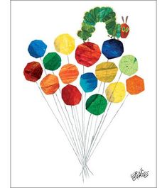 the very hungry caterpillar is flying with many balloons in it's mouth