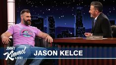 jimmy kimmel on the jimmy kimmel show with jason kelcel, who is wearing a purple shirt and jeans