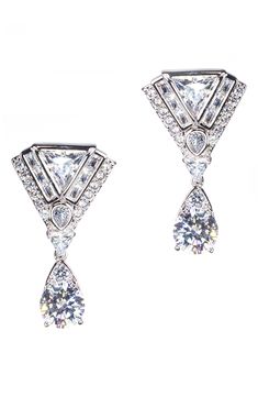 Cubic zirconia stones of a variety of shapes adorns a vintage inspired art deco earring that is finished with a pear shaped dangle. 1.5" length Post back Brass/cubic zirconia Imported Art Deco Diamond Drop Earrings For Formal Occasions, Silver Clip-on Teardrop Earrings For Formal Occasions, Silver Pear-shaped Diamond Earrings With Elegant Design, Art Deco Pear-shaped Jewelry For Formal Occasions, Luxury Silver Teardrop Earrings With Diamond Accents, Classic Diamond Cut Diamond Earrings For Party, Classic Diamond Cut Earrings For Party, Silver Pear-shaped Diamond Earrings For Formal Events, Pear-shaped Silver Earrings With Diamond Cut