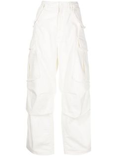 off-white cotton denim high-waisted wide leg raw-cut edge belt loops concealed front button fastening two side flap pockets two side cargo pockets two rear flap pockets White Pants Cargo, White Denim Cargo Pants, White Baggy Cargo Pants, Mens White Jeans, White Cargo Jeans, White Cargos, White Straight Leg Pants, White Wide Leg Jeans, Cargo Pants Baggy