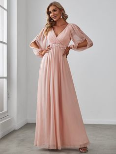 Elegant Chiffon V-Neckline Long Sleeve Formal Evening Dress #color_Pink Elegant Evening Dresses Long, Long Sleeve Evening Gowns, Formal Evening Dress, Chiffon Evening Dresses, Evening Dress Fashion, Evening Dresses Elegant, Maxi Dress Evening, Chiffon Prom Dress, Floor Length Dresses