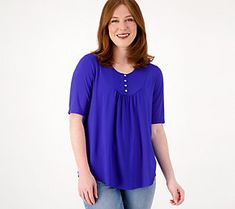 This henley top owns a subtle chicness, letting everybody know it isn't just your average top. The buttons and spot shirring along the top make it a distinct and fresh addition to your wardrobe. Spring Henley Neckline Top With Buttons, Henley Neckline Workwear Top With Buttons, Henley Neckline Tops For Spring Workwear, Versatile Spring Tops With Buttons, Blue Henley Neckline Top For Spring, Moroccan Blue, Susan Graver, Henley Top, Elbow Sleeve