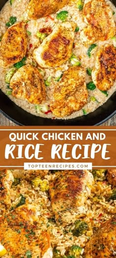 chicken and rice recipe in a skillet with text overlay that reads, quick chicken and rice recipe