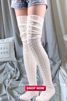 These thigh-long cable-knit leg stockings are the perfect addition to any woman's winter wardrobe. Designed to keep you warm and stylish, these over-the-knee boot socks are both cozy and chic, making them a must-have for cold weather fashion. Winter White Knee-high Stockings, White Knee-high Winter Stockings, Warm White Knee-high Socks, White Warm Knee-high Socks, Casual Winter Stockings, Casual Warm Stockings For Winter, White Over-the-knee Knee-high Socks For Winter, White Over-the-knee Winter Stockings, Cozy Thigh High Knitted Socks