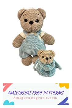 two teddy bears sitting next to each other on top of a white sign with the words amigurum free patterns