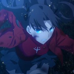 an anime character with blue eyes laying on the ground in front of stars and grass