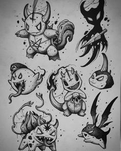 some very cute drawings on paper with skulls and other things in the background that are drawn by