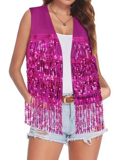 PRICES MAY VARY. 【Fringe Vest】Our pink fringe vest women combines polyester and sequins to create a soft, comfortable, stylish, and breathable disco outfit. The tassel jacket vest for women is the perfect addition to upgrade your wardrobe. 【Sparkly Cardigan Vest】Sleeveless sequin cardigans for women can fully expresses your unique statement. The pink sequin jacket adorns with shiny sequins, flowing tassels, and pink string details, making the lightweight pink fringe jacket shimmer beautifully un Pink Fringe Jacket, Sparkly Cardigan, Glitter Cardigan, Cardigan Vest Sleeveless, Glitter Jacket, Tassel Jacket, Christmas Jacket, Sequin Vest, 1950s Fashion Dresses