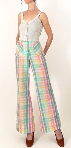 60s Rainbow Plaid Bell Bottoms Koret of California Pastel High Waisted Seersucker Bell Bottom Pants 26 Waist Small - Etsy Retro Plaid Bottoms For Spring, Plaid Bell Bottoms, 60s Rainbow, Deadpool Outfit, Rainbow Plaid, Thrift Flip, Womens Pants, Bell Bottom Pants, Bell Bottom