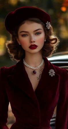 Classy Vintage Photoshoot Ideas, The Queen Archetype Outfits, Elegant Retro Outfits, Bangs Hairstyles Black Women, 1950 Fashion Women Classy, Italian Outfit Aesthetic, Elegant Lady Aesthetic, Burgundy Hat Outfit, Hairstyles With Bangs Black Women