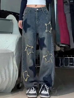 ⚡Buy 2024 Vintage Star Raw Trim Boyfriend Jeans Blue M under $47.00 in Jeans at AnotherChill.com Online. Style: Casual/Street/Y2K/Vintage/Preppy/Punk/Hip Pop. Fabric Content: Cotton Blend. Fit Type:Loose Fit. Versatile Style: These jeans feature a blend of various styles including vintage, Y2K, hip pop, and casual, making them a perfect addition to any fashion forward wardrobe.. Unique Design: The vintage star raw trim design adds a unique and edgy touch to these jeans, setting them apart from r Y2k Street Fashion, 2000s Pants, High Waist Straight Jeans, Jeans Female, Denim Decor, Retro Jeans, Vintage Preppy, Vintage Star, Street Style Trends