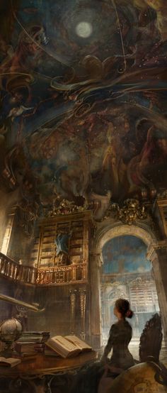 a woman sitting in front of a book shelf under a painting on the ceiling above her