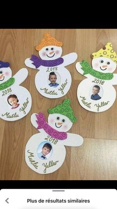 snowman family photo ornament on wooden table with wood floor and wall in background