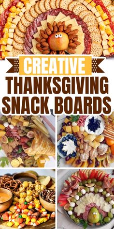 the thanksgiving snack board is filled with different types of snacks and treats to make it look like