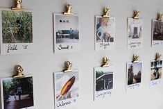 there are many pictures on the wall with magnets attached to each one and hanging from hooks