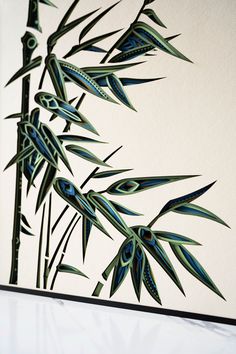 an abstract painting of bamboo leaves on a white wall