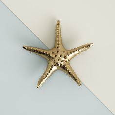 a gold starfish on a blue and white background