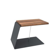 a wooden table sitting on top of a metal stand