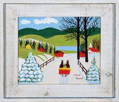 a painting of a snowy landscape with trees and houses in the background is framed by a white wooden frame