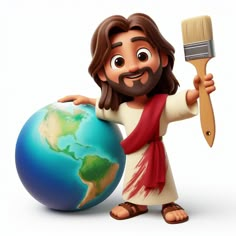 a cartoon jesus holding a paintbrush next to a globe