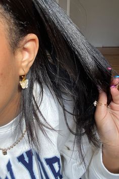 butterfly earrings, girl wearing earrings, gold hoop earrings, jewelry inspo, white butterflies, cute earrings, ear jewelry, ear jewelry inspo, gold earring jewelry, jewelry for girls, huggie eaarrings, women's jewelry, teen jewelry, tragus earrings, butterflies, butterfly accessories, cute butterfly jewelry, white accessories, white jewelry, white, cool butterflies, girls accessories, gifts for her, gifts for girls Everyday White Butterfly Jewelry, Everyday White Pierced Hoop Earrings, Cute White Hoop Earrings, Cute White Hoop Earrings For Gifts, Cute Everyday Hoop Earrings For Pierced Ears, Cute Everyday Hoop Earrings, Hoops With Charms, Gifts For Teenage Girls