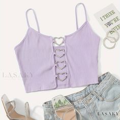 Lasaky - Y2K Ribbed Sleeveless Top: Heart Shaped Ring Crop Cami, Womens Summer Fashion Crop Top Lila Outfit, Shein Tops Outfit, Top Corazon, Crop Top Corto, Cute Shein Tops, Shein Crop Tops, Crop Top Mujer, Cropped Shein, Pastel Crop Top