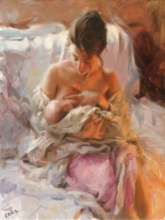 a painting of a woman holding a baby in her arms while sitting on a bed