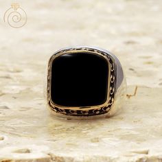 "It is a 925 Sterling Silver Mens Ring which has polished smooth mould and a curved Onyx Gemtone. There is Arabic protection Vaw letters engraved on the frame of stone. One of high quality handmade silver ring from our designs. All my designs are coming from a passion. Has 1 year guaranty for the production mistakes. Stone : Onyx Gemstone Material: Sterling Silver 925k and Bronze (yellow parts) Plated: Rodium Plated Weight: 17.00gr Please make sure you have correct measurements from the size car Black Engraved Ring With Polished Finish For Formal Occasions, Formal Black Engraved Ring With Polished Finish, Silver Onyx Signet Ring Luxury Style, Luxury Silver Onyx Signet Ring, Luxury Silver Signet Ring With Onyx, Luxury Black Engraved Ring For Formal Occasions, Elegant Formal Signet Ring Stamped 925, Formal Onyx Rings Stamped 925, Mens Ruby Ring